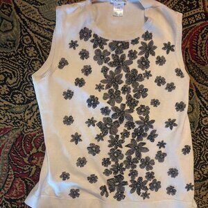 Oscar de la Renta Ivory Knit Top with Black Floral Lace – Size M